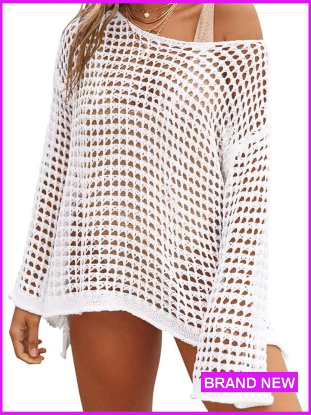 Long Sleeve Crochet Swim Coverup Beach Vacation Tunic Top